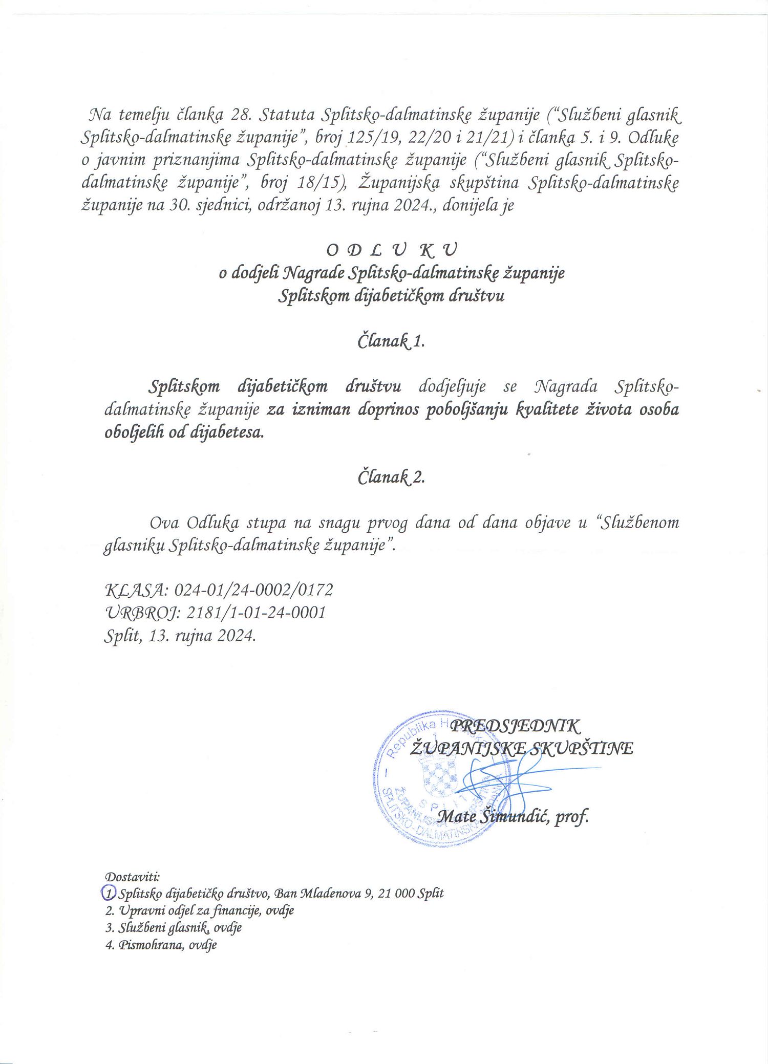 Nagrade Splitsko-dalmatinske županije Splitskom dijabetičkom društvu 2024.